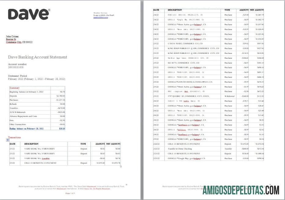 Extrato de conta bancária Dave dos EUA em branco, modelo Word e PDF, 5 páginas